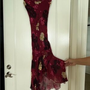 Sue Wong Burgundy Floral Maxi Slip Dress with Cream Blossoms